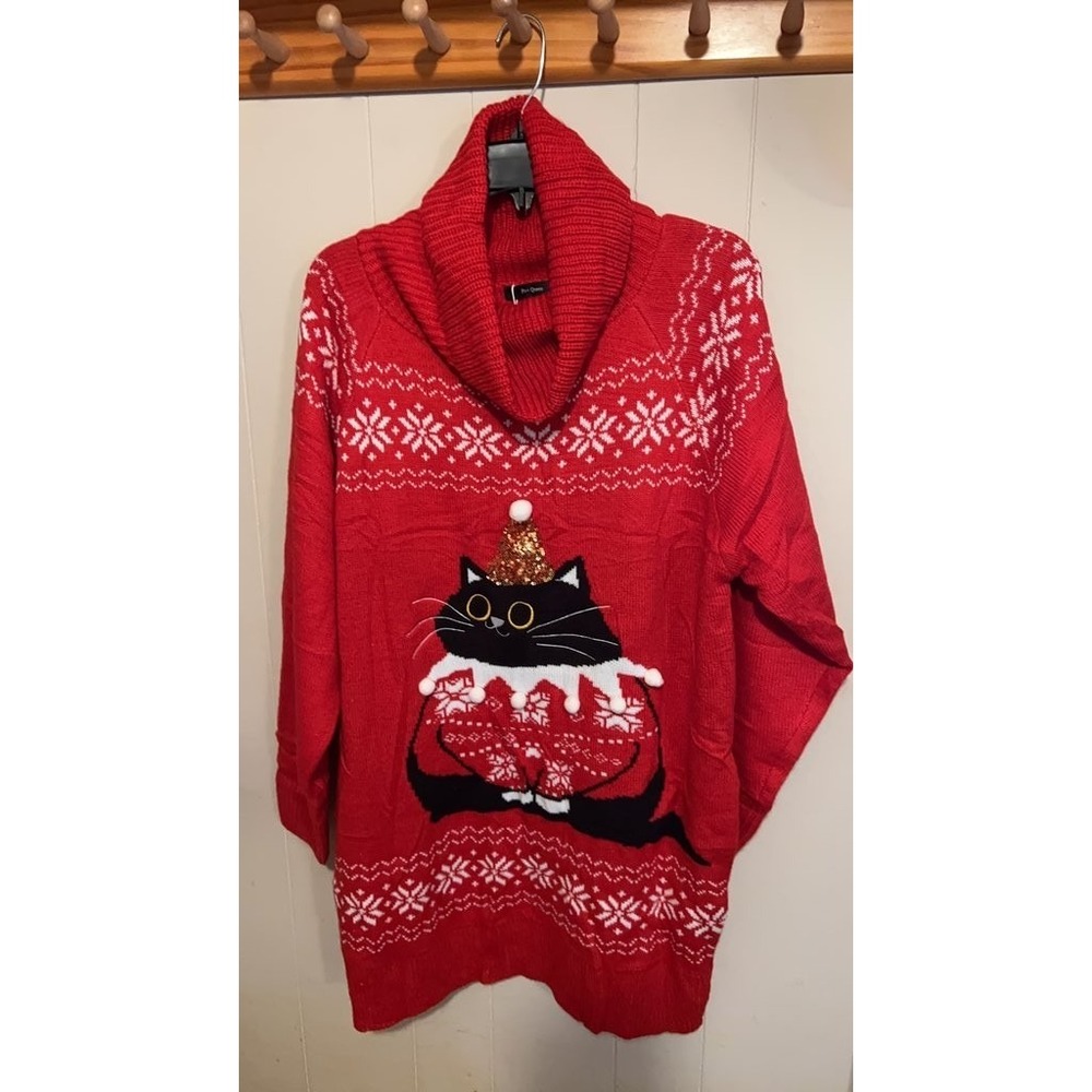 Pink Queen Red Christmas Cat Ugly Sweater with Cowl Neck